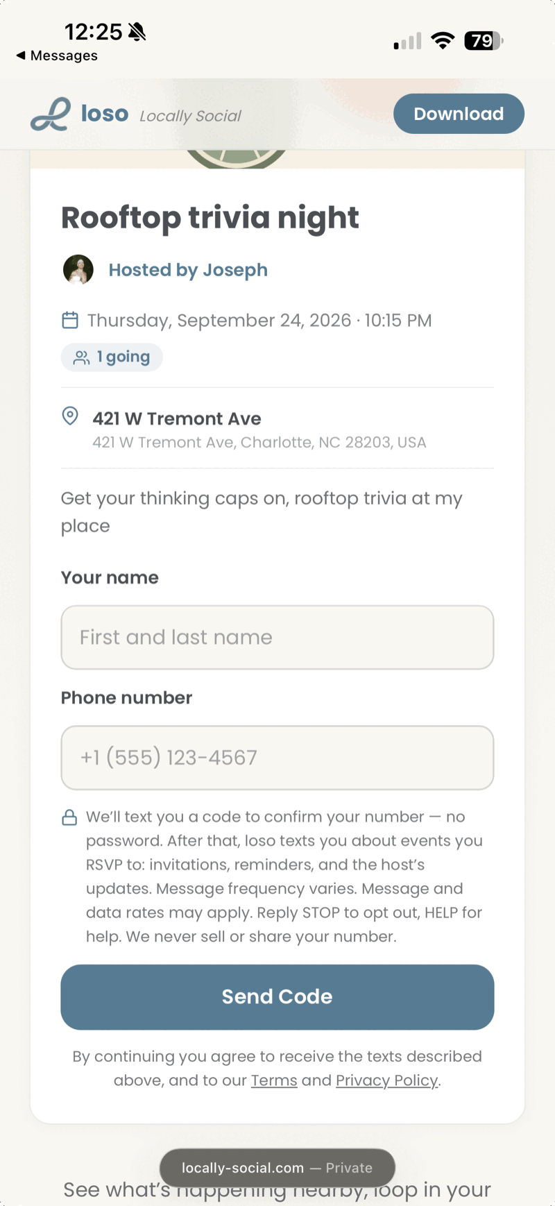 LoSo RSVP form showing the name and phone number fields, the disclosure naming every category of message we send, and the Send Code button